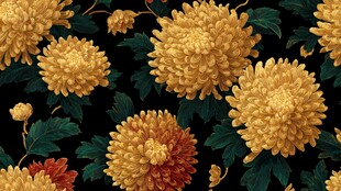 金黄菊花绿叶花卉图案