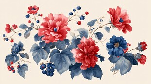 红蓝花卉水彩插画图案