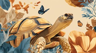 龟行花丛间 蝶舞相伴时