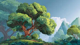 奇幻森林中的繁茂大树与远山