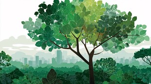 城市边的葱郁大树景观