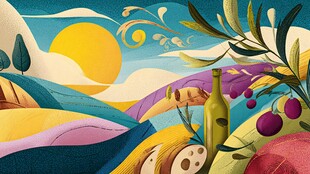 田园风光下的美酒与鲜果