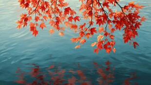 红叶垂落湖面的静谧景致
