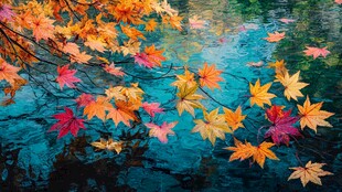 秋叶飘零于澄澈水面