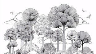 黑白森林插画中的自然景致