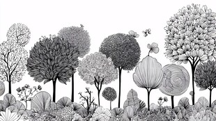 黑白森林树木花卉插画