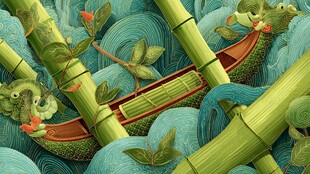 竹舟泛于绿意碧波间