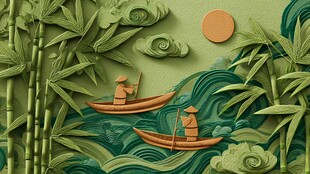 竹影泛舟中式意境画面