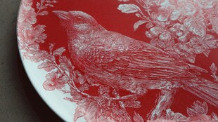 红盘上的精美鸟儿花卉图案