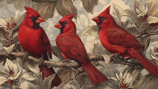 三只红衣主教鸟栖于枝间