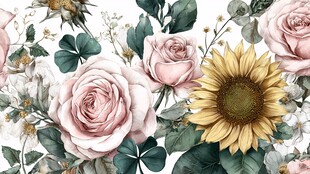 浪漫花卉图案 玫瑰与向日葵