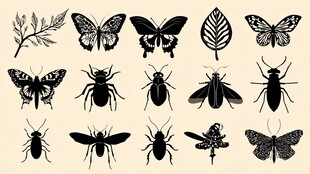 昆虫与树叶剪影图案集合