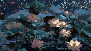 荷塘夜色中的荷花与锦鲤