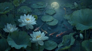 荷塘月色下的锦鲤与白莲