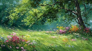 春日绿荫下的缤纷花草