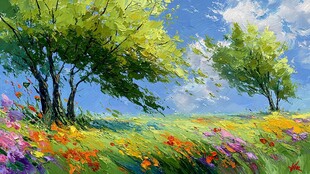 夏日多彩草地与繁茂树木