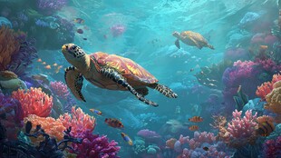 海龟畅游缤纷海底世界