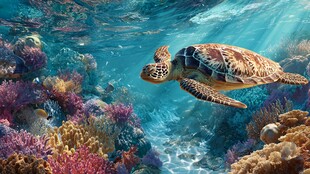 海龟悠游于绚烂海底世界
