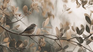 枝头小鸟栖于朦胧枝叶间