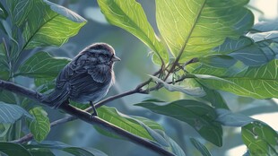 枝头小鸟栖于绿叶间