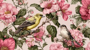 花鸟绘景 双鸟栖于繁花间