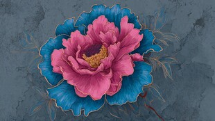 蓝粉牡丹花卉艺术插画