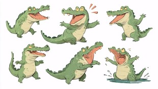 欢快鳄鱼的多样趣味姿态