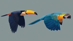 巨嘴鸟与金刚鹦鹉同飞