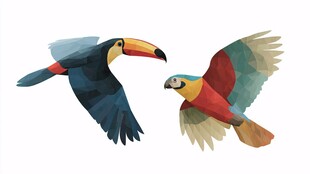 飞翔的多彩巨嘴鸟与鹦鹉