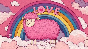 粉色绵羊与彩虹浪漫图景
