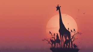 夕阳下的长颈鹿与动物群像