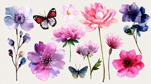 水彩花卉与蝴蝶插画素材