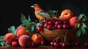 鸟栖果盘 色彩浓郁静物图