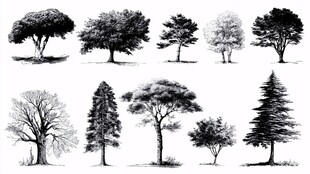 多样树木黑白手绘插画