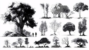 黑白树木景观插画集合