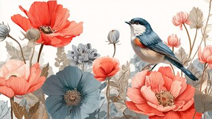 蓝鸟栖于多彩花丛间