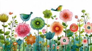 缤纷花卉间的灵动小鸟