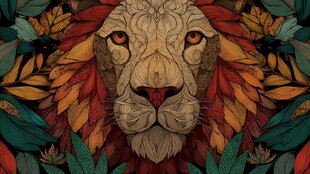 树叶环绕的威严狮子头像