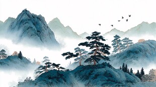 水墨山川间的松影飞鸟