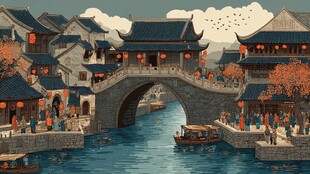 江南水乡古桥繁华市井图