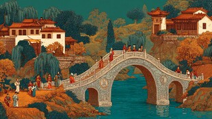 古桥畔的中式风情画卷
