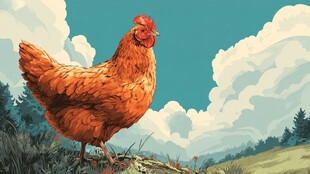 田园中站立的鲜艳红母鸡