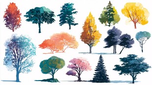 多彩树木水彩插画集合