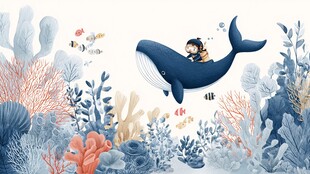 小孩骑鲸畅游海底世界