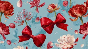 蓝底花卉与红蝴蝶结图案