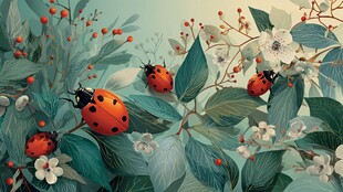 瓢虫漫步于花草绿叶间