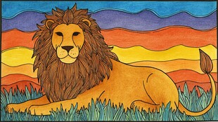 彩色插画中休憩的雄狮