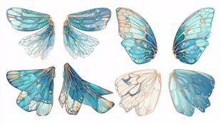 梦幻蓝调蝴蝶翅膀插画