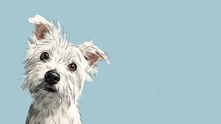 可爱白毛小狗仰头望镜头