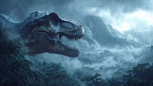 霸王龙怒吼于迷雾山林间